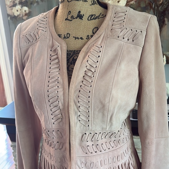 WHBM Pink Blush Leather Suede fringe jacket XS 2 4 gorgeous! - Picture 2 of 10